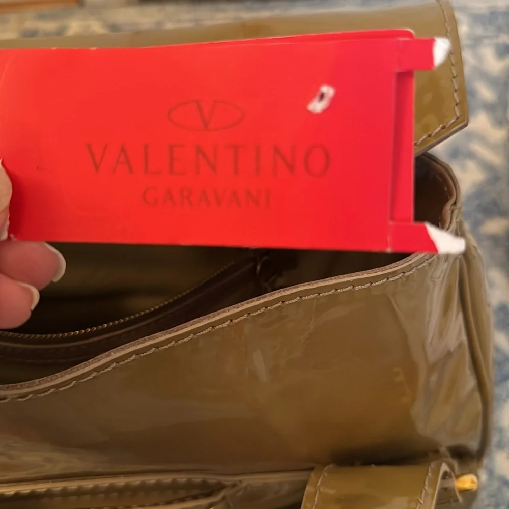 Valentino Garavani Camel Brown Braided-Handle Patent Satchel - Picture 5 of 13